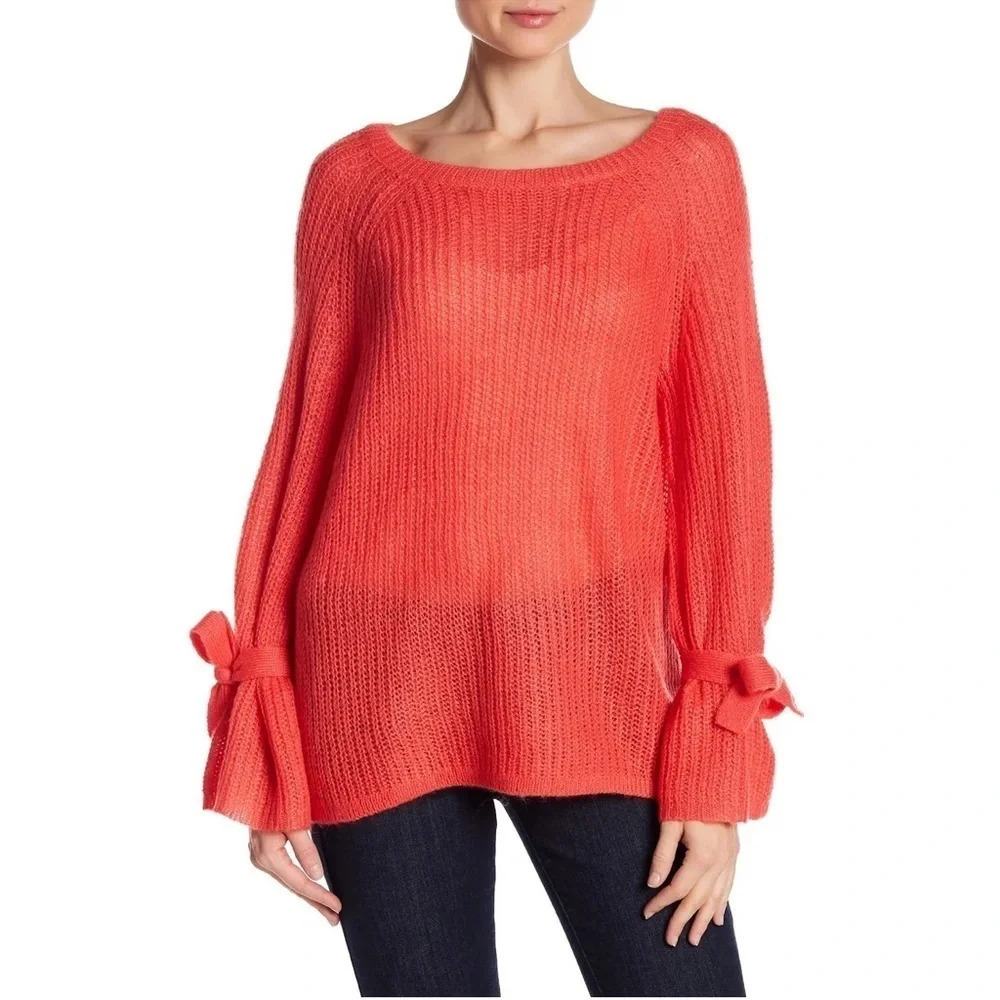 Naadam Open Knit Bell Sleeve Tie Sweater Top